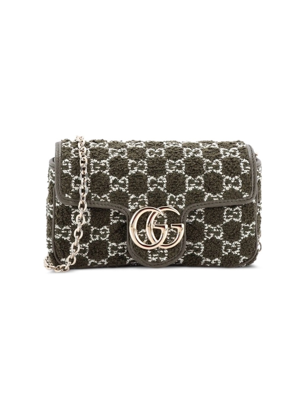 New Gucci Marmont GG boucle tweed mini crossbody bag, dark green, with chain